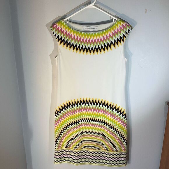 Cap Sleeve Sheath Dress. White with multicolor dopamine zigzag details, 2 - Picture 2 of 10